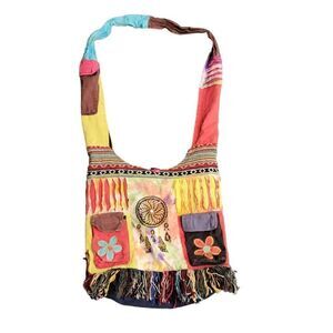 Nepal Handmade Colorful Fringe Hobo Purse Dreamcatcher Flowers Multi Pockets Bag
